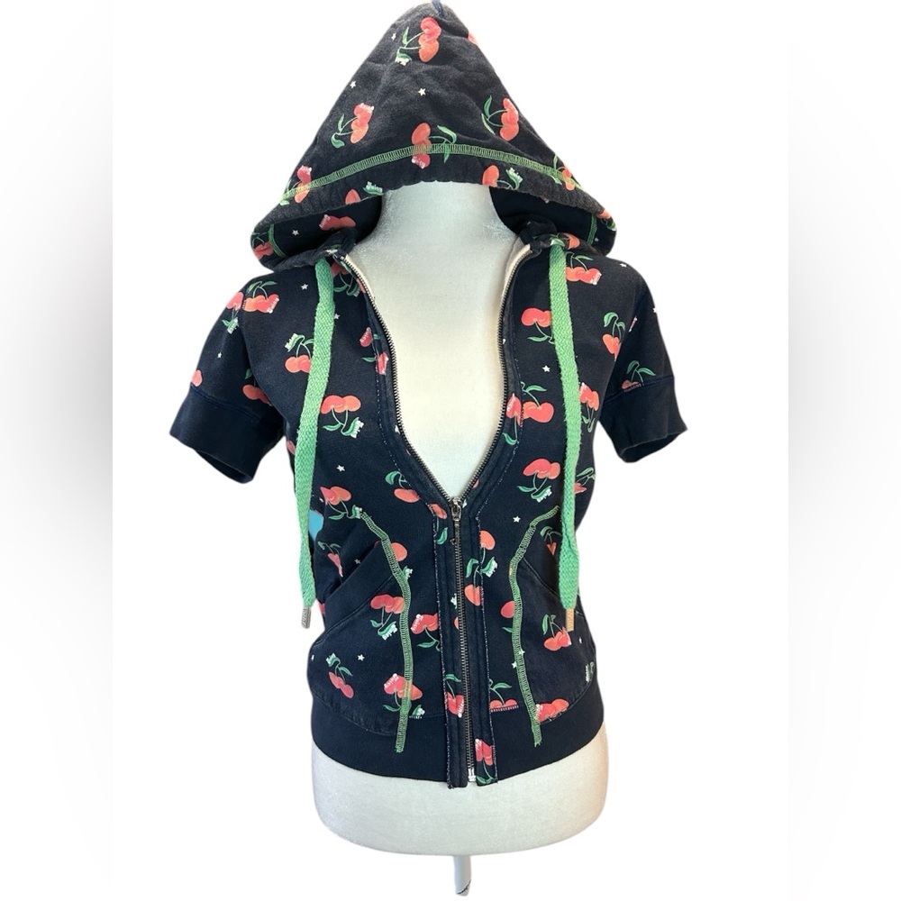 Juicy Couture Vintage Y2K Hooded Zip Up Short Sleeve Cherry Print
